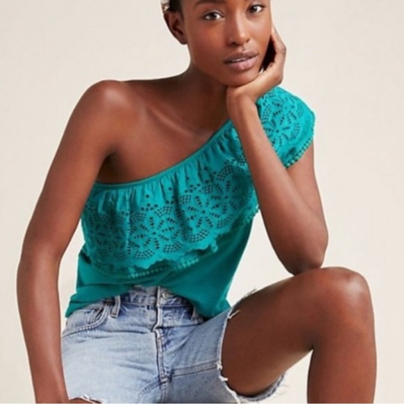 Anthropologie Women's XS Green One Shoulder 100% Cotton Lace Ruffle Top - Picture 1 of 5